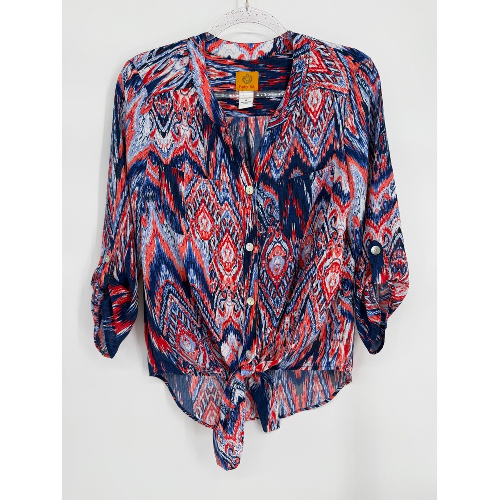 Ruby Rd Womens Ikat Print Tie Front Roll Tab Sleeve Blouse Red Blue Sz S